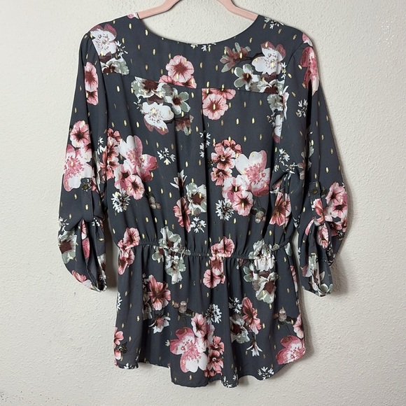 J for Justify Grey Gold Blush Floral Top Partial Zipper neckline size large - Picture 9 of 9